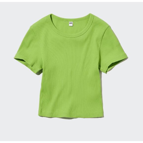 Uniqlo Ribbed Crew Neck Short Sleeve Cropped T-shirt in Green - Picture 1 of 6